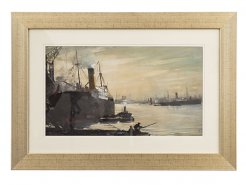 c1900 Port Harbour Scene Gouache Watercolour by F.W. Hattersley